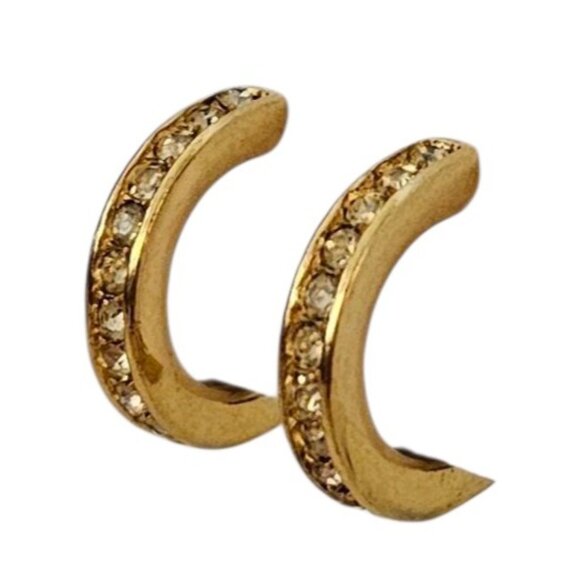 Trifari Gold Tone Clear Rhinestone Hoop Clip On Earrings, Signed - Picture 2 of 8
